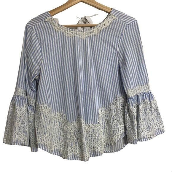 Zara Woman Boho lace & stripe‎ bell sleeve blouse top - Picture 3 of 8